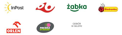 Formy dostawy dostępne w sklepie: Paczkomat InPost, Kurier InPost, Poczta Polska, Paczka w Żabce, Paczka w Biedronce, Paczka na Orlen, Paczka w Ruchu, Odbiór w sklepie